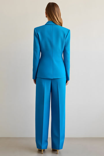Bleu 2 Pièce Cranté Revers Satin Femmes Bal Costumes
